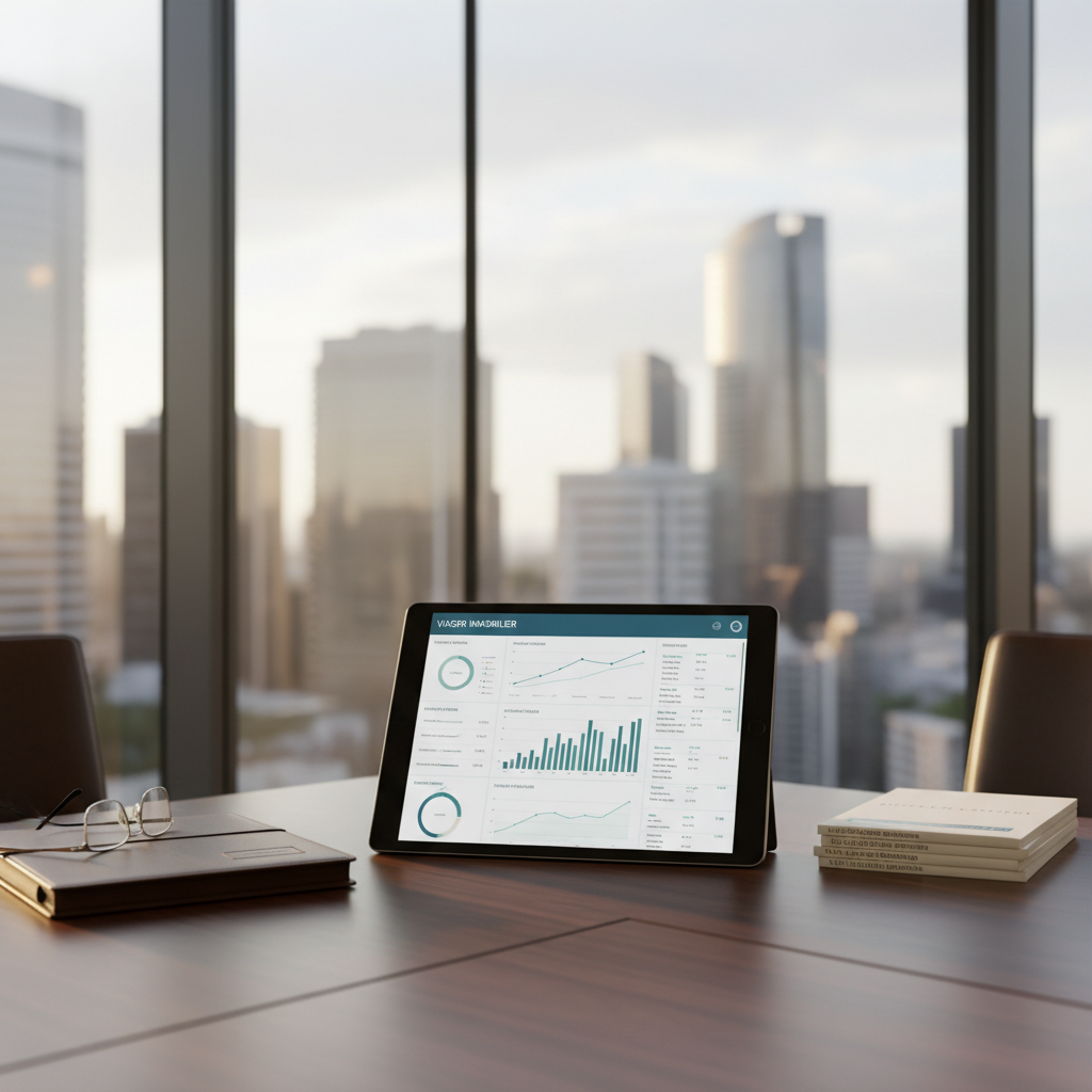 A refined corner of a modern meeting room featuring a large, matte-black tablet displaying a detailed viager investment dashboard with charts, yield projections, and timelines in muted blues and greens. The tablet rests on a dark walnut conference table alongside a closed leather-bound portfolio, a pair of reading glasses, and a small, neatly arranged stack of property valuation reports. Through the floor-to-ceiling glass wall behind, an out-of-focus city skyline suggests stability and growth. Golden hour light pours in, creating warm highlights along the tablet’s edges and soft reflections on the glass. Photographic realism with a slightly elevated angle and balanced composition communicates clarity, strategic thinking, and a long-term perspective on viager immobilier.
