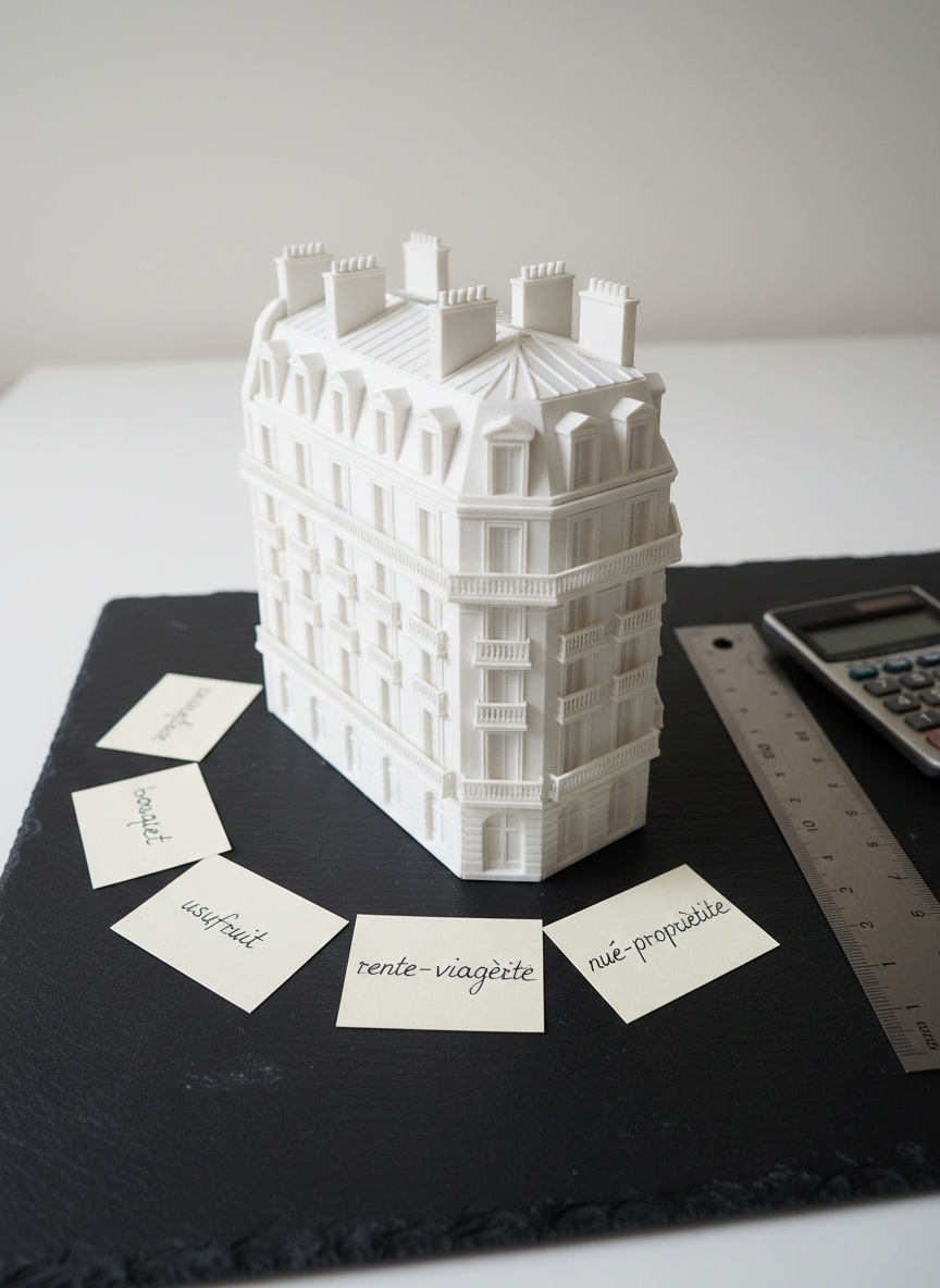 An elegant miniature architectural model of a Haussmann-style building, crafted from smooth white resin with finely detailed balconies, windows, and rooftop chimneys, positioned on a dark slate board. Around it are carefully placed ivory-colored cards labeled with terms like “bouquet,” “rente viagère,” and “usufruit,” emphasizing core concepts of viager. A brushed metal ruler and a discreet calculator sit nearby, indicating precise financial planning. The scene is illuminated by soft, diffused studio lighting from the left, casting gentle shadows that accentuate the model’s relief. Shot from a low, three-quarter angle in photographic realism with a shallow depth of field, the composition is minimalist yet sophisticated, conveying a professional, educational, and forward-looking approach to sustainable viager investment.